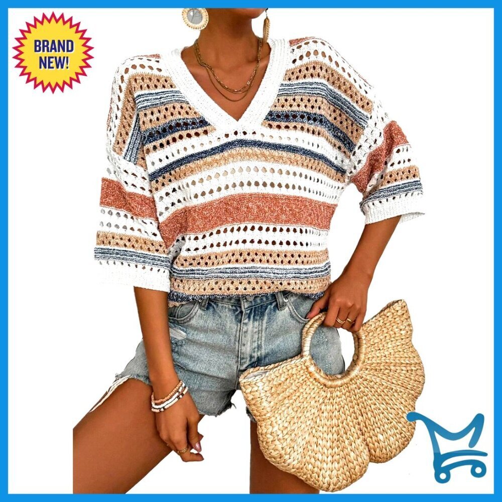 Crochet Knit Sweater Hollow Out Striped Summer Top Oversized Boho Beach